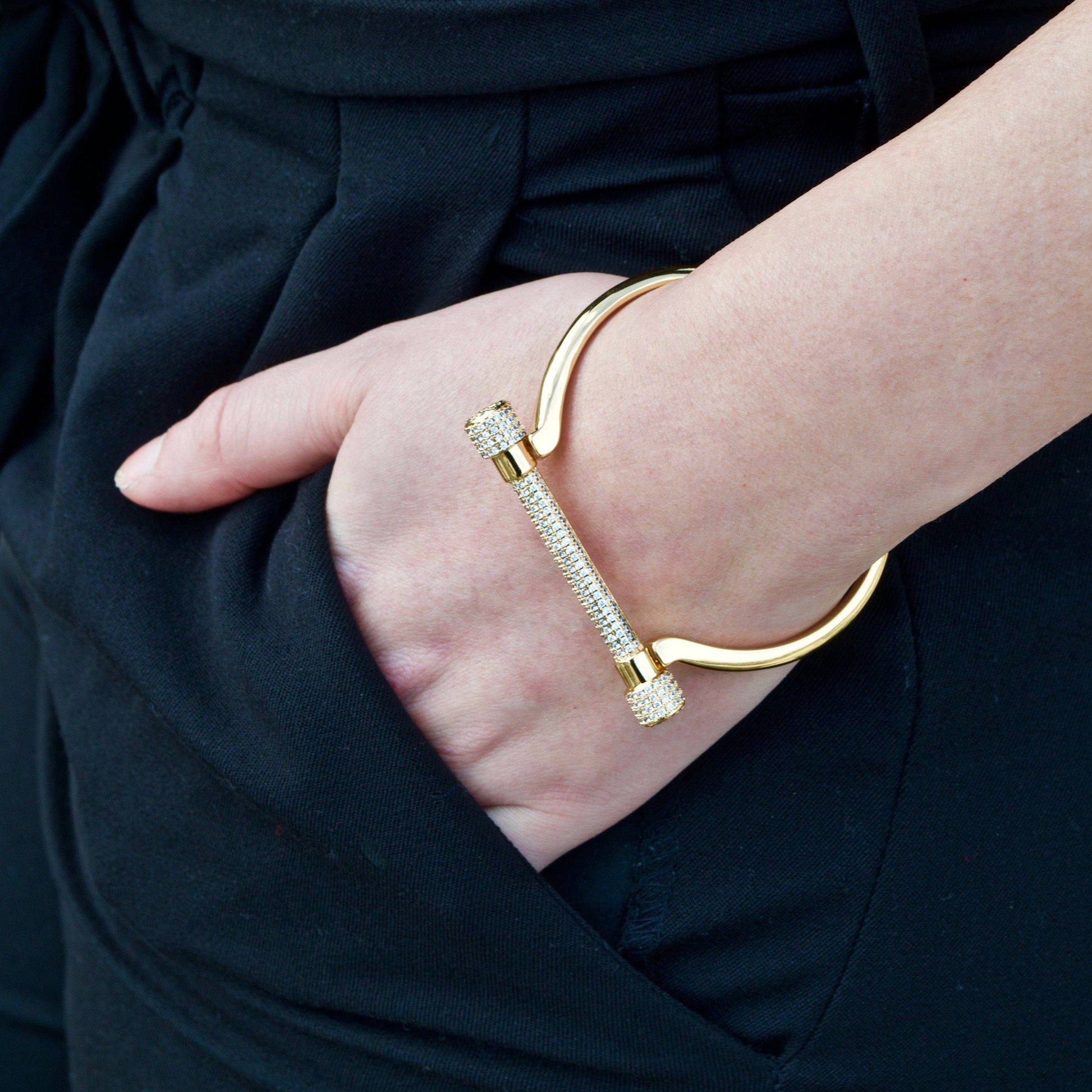 Paved Gold D Cuff Bracelet - Opes Robur